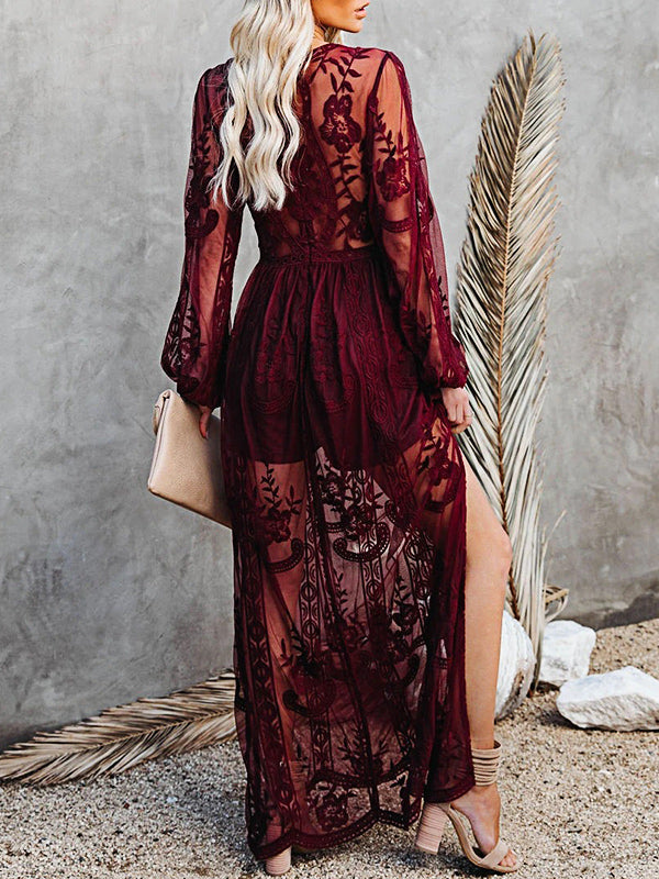 V-cou Robe Long en Broderie Anglaise de Cocktail Fendu le Côté Élégant