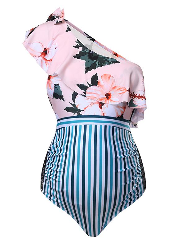 Airchics maillot de bain de grossesse une pièce rayé imprimé à volantée une épaule