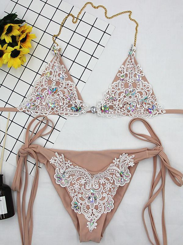 Airchics maillot de bain avec dentelle strass bikini blanc et khaki