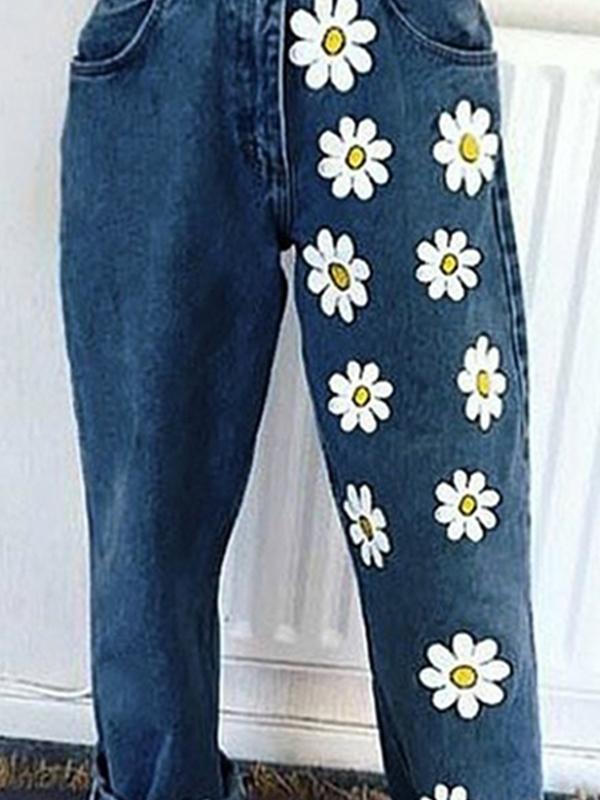 Airchics jean droit large imprimé marguerite boyfriend femme pantalon