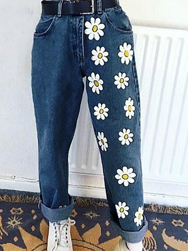 Airchics jean droit large imprimé marguerite boyfriend femme pantalon