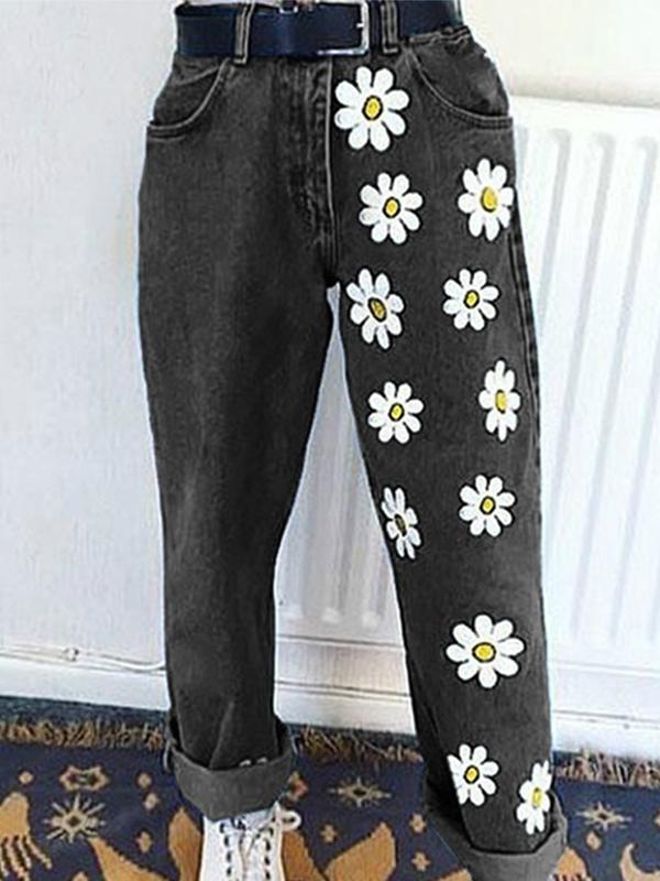 Airchics jean droit large imprimé marguerite boyfriend femme pantalon