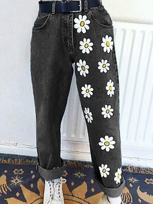 Airchics jean droit large imprimé marguerite boyfriend femme pantalon
