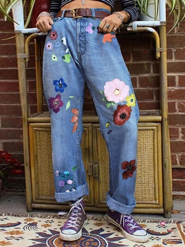 Airchics jeans droit large longue imprimé à fleurie femme pantalon bleu