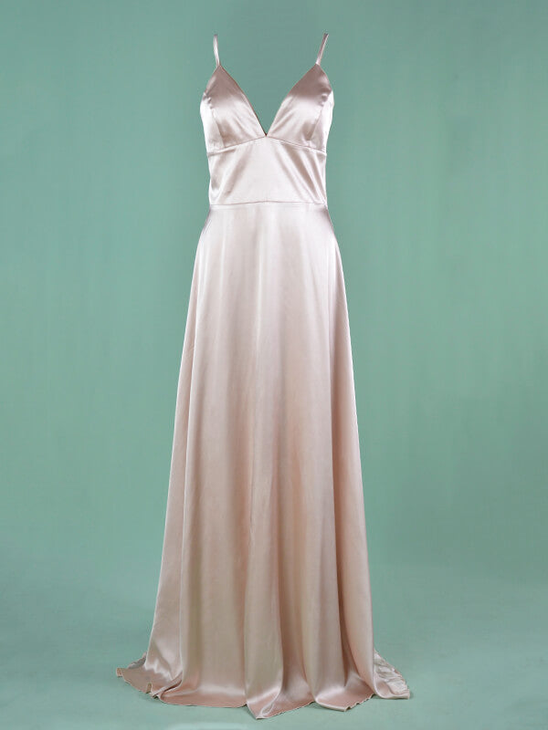 Satin Robe Longue de Demoiselle d'Honneur V-cou à Fines Brides Dorée