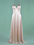 Satin Robe Longue de Demoiselle d'Honneur V-cou à Fines Brides Dorée