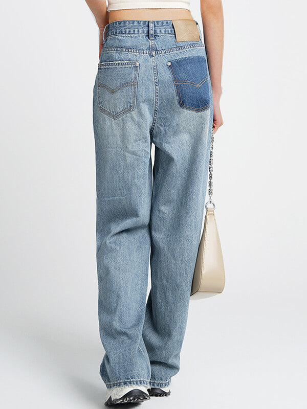 Airchics jeans droit larges jambes évasé avec poches taille haute femme décontracté