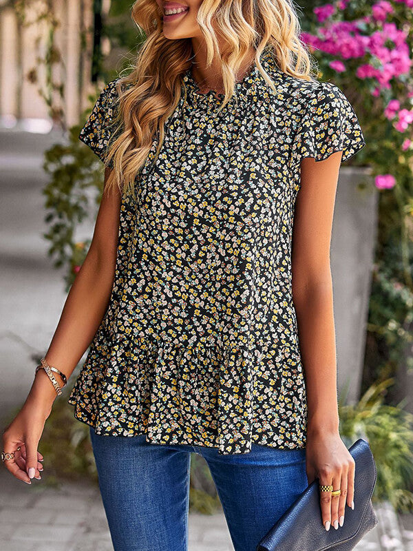 Airchics hauts imprimé à fleurie peplum col rond manches courtes femme mode