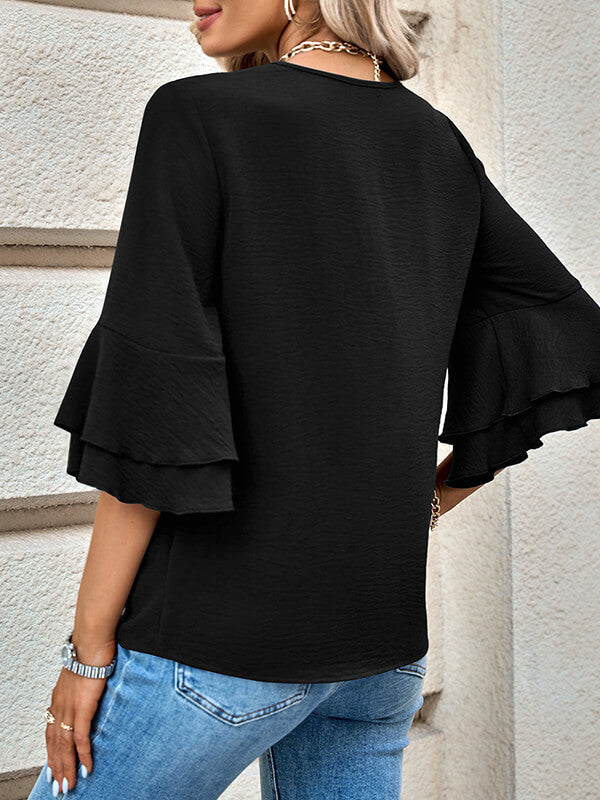 Airchics hauts unicolore v-cou volants superposés manches au coude femme mode