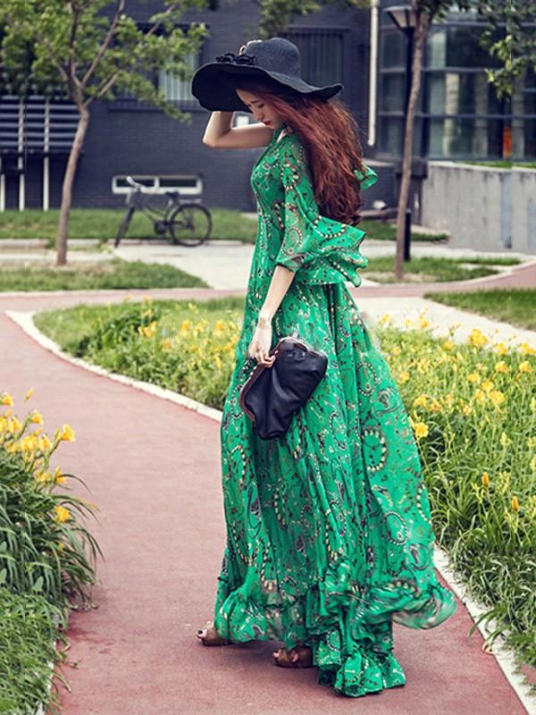 Verte Robe Longue à Fleuries Col en V et Manches 3/4 de Soirée Bohème