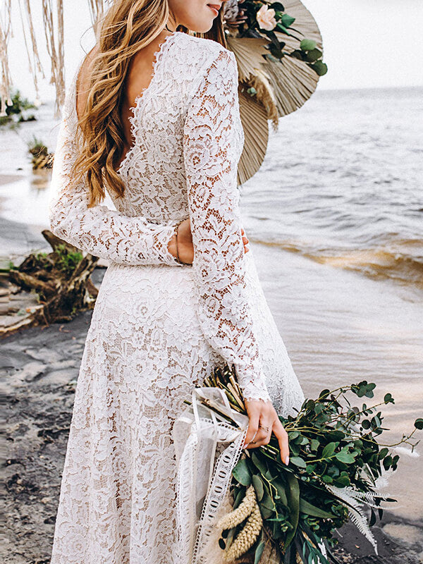 Airchics mariage robe longue dentelle dos nu v-cou manches longues élégant de soirée