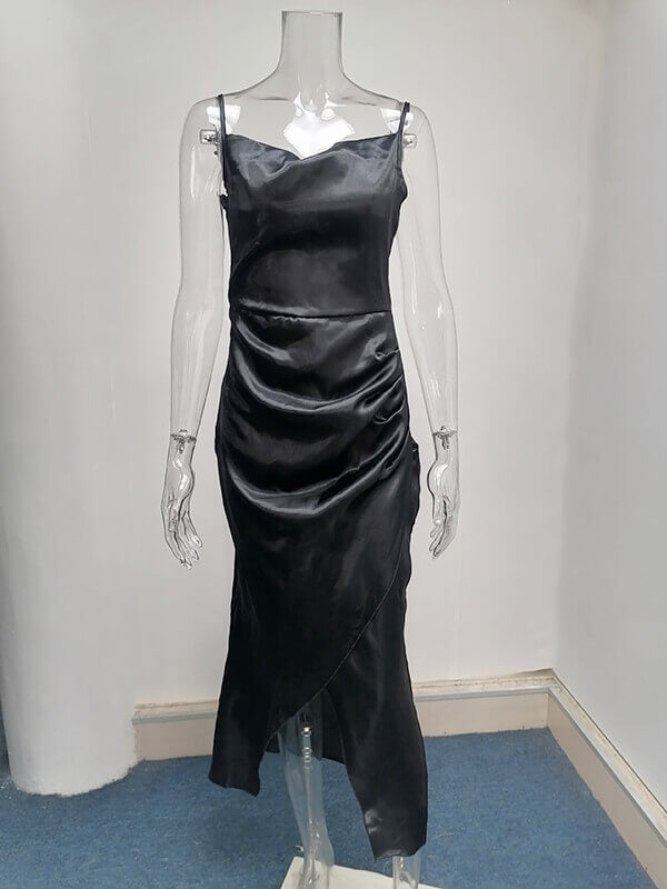 Airchcis robe longue unicolore satin fendu le côté à fines brides élégant soirée