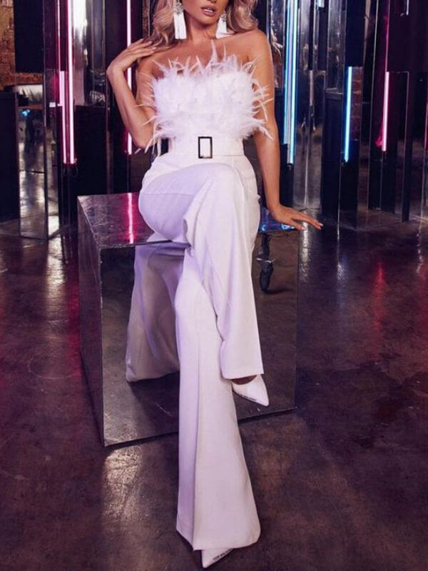 Airchics combinaison tube à jambe droite bustier avec plumes élégant femme