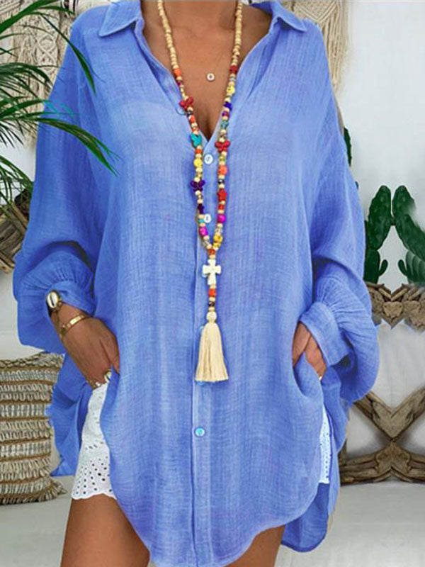 Airchics mi-longue blouse robe oversized boutonnage manches longues femme bohème chemisier