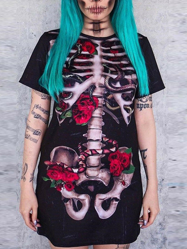 Airchics halloween t-shirt squelette rose motif col rond femme cosplay noir