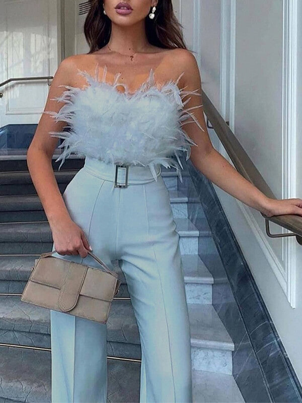 Airchics combinaison tube à jambe droite bustier avec plumes élégant femme