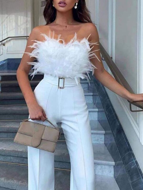 Airchics combinaison tube à jambe droite bustier avec plumes élégant femme