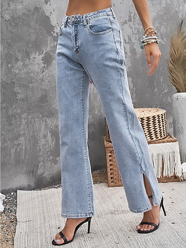 Airchics longue jeans fentes à la base flare évasé mi taille femme mode
