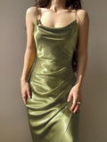Airchcis robe longue unicolore satin fendu le côté à fines brides élégant soirée