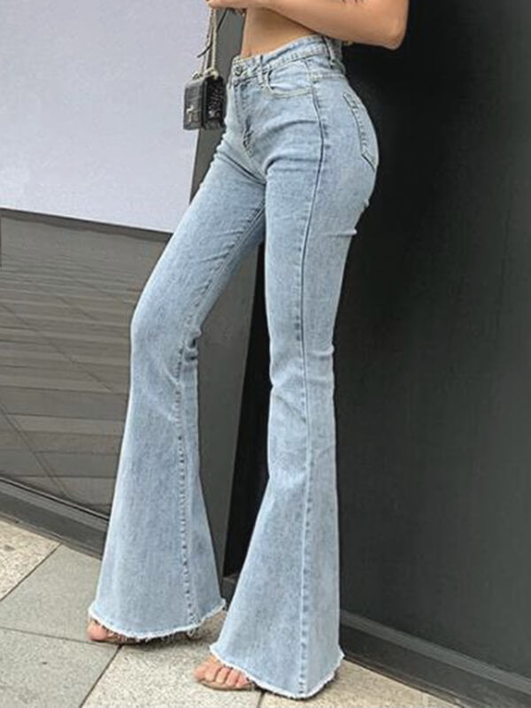 Airchics longue jeans flare évasé boutons avec poches mi taille femme simple