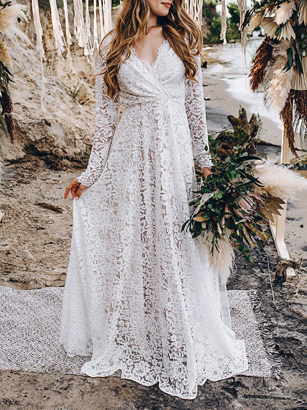 Airchics mariage robe longue dentelle dos nu v-cou manches longues élégant de soirée