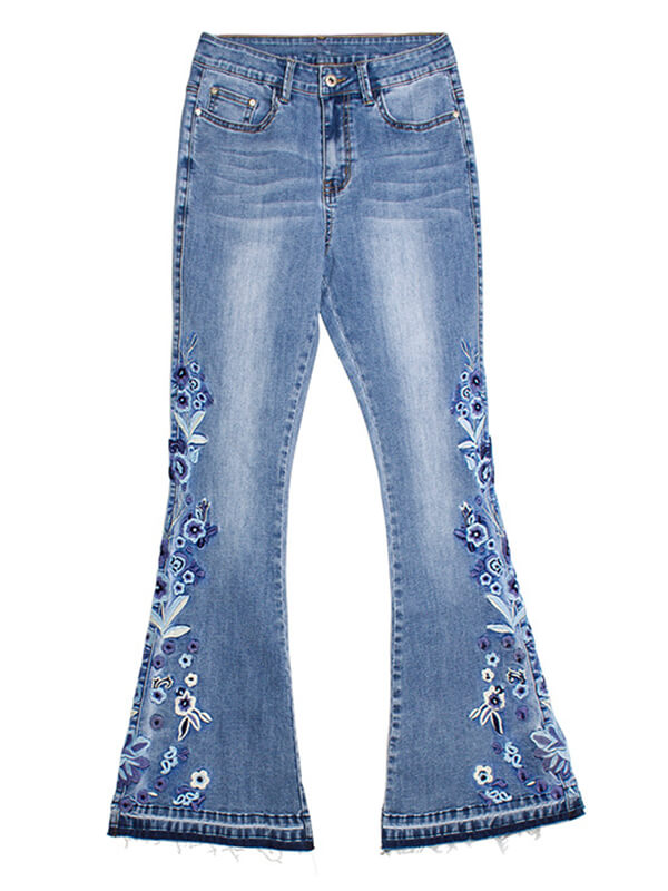 Airchics longue jeans flare évasé fleurie avec poches mi taille femme mode