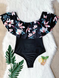 Airchics maillot de bain une pièce imprimé à fleurie volantées col bateau mode femme noir