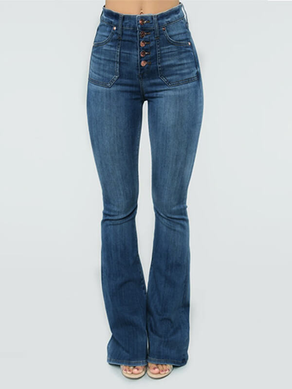 Airchics longue jeans flare évasé boutons avec poches mi taille femme mode