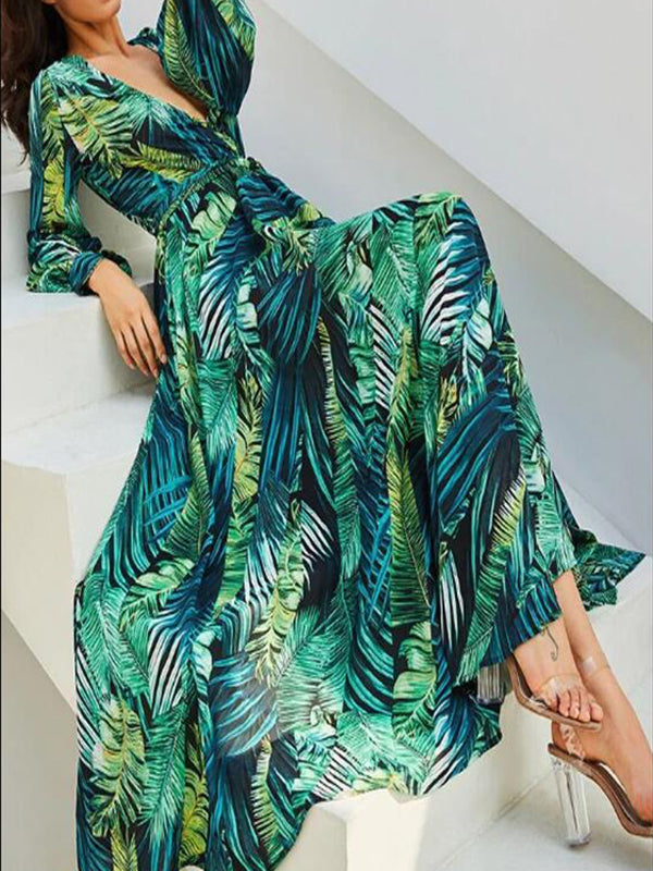 Maxi Robe en Mousseline Imprimé Feuilles Tropicale Fluides Vert Bohème