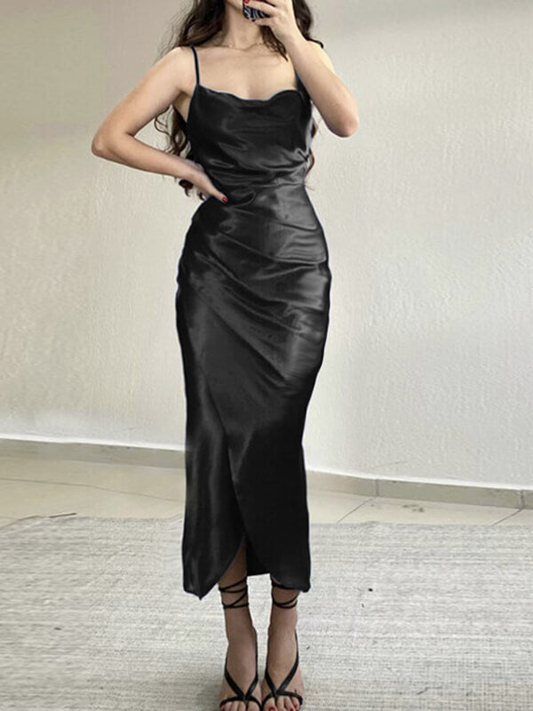 Airchcis robe longue unicolore satin fendu le côté à fines brides élégant soirée