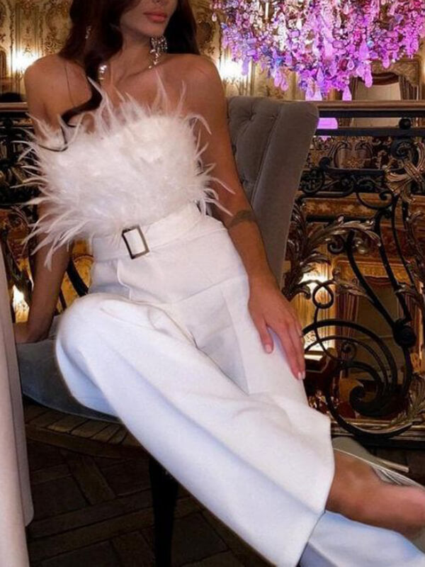 Airchics combinaison tube à jambe droite bustier avec plumes élégant femme