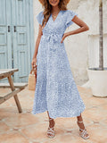 Airchics robe longue imprimé à fleurie mousseline ceinture v-cou manches courtes mode plage