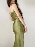 Airchcis robe longue unicolore satin fendu le côté à fines brides élégant soirée