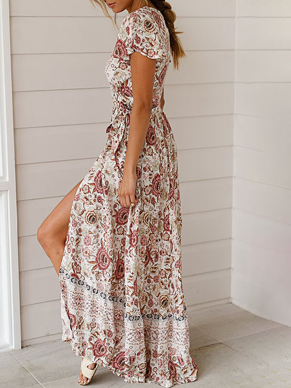 Sexy Longue Robe Imprimé à Fleurie de Plage Bohème Fendue Cuisse