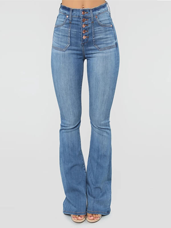 Airchics longue jeans flare évasé boutons avec poches mi taille femme mode