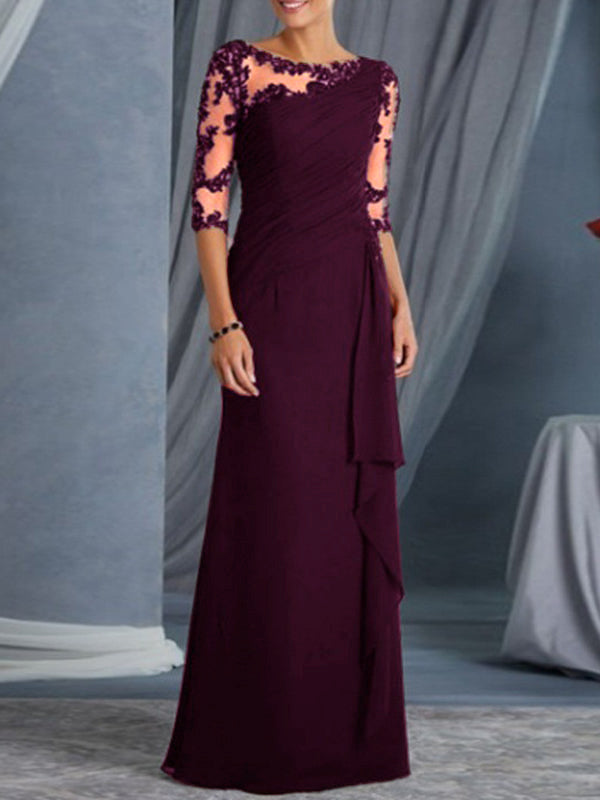 Volantée Robe en Dentelle Longue Transparent de Soirée avec Col Rond