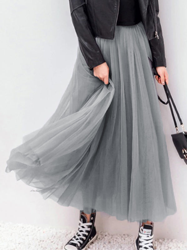 Mode Jupe Tutu Longue avec Tulle Plissé Taille Élastique Femme Gris