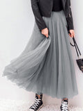 Mode Jupe Tutu Longue avec Tulle Plissé Taille Élastique Femme Gris