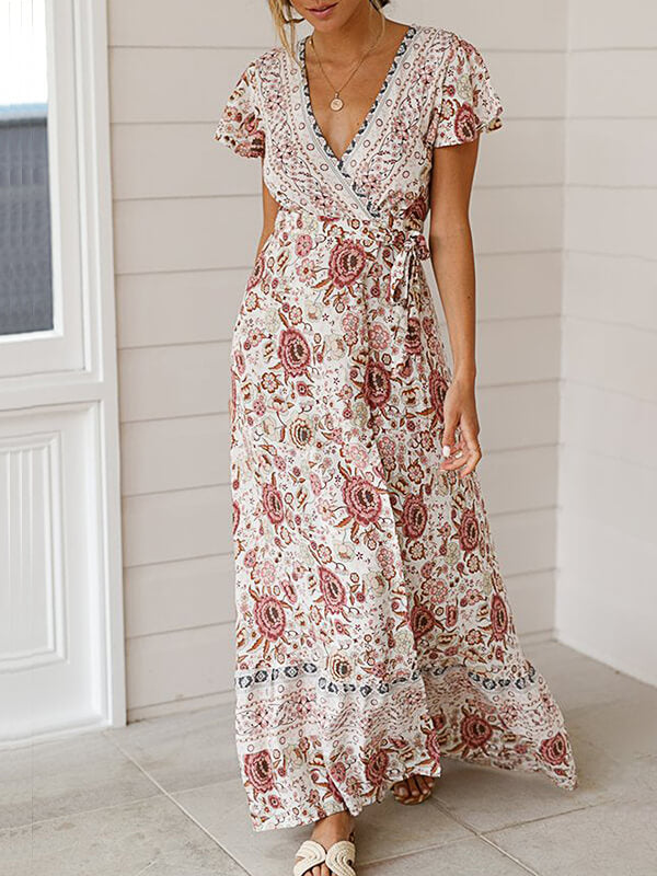 Sexy Longue Robe Imprimé à Fleurie de Plage Bohème Fendue Cuisse