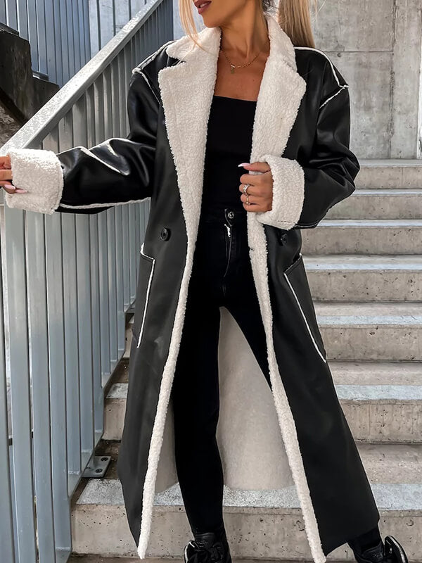 Airchics longue manteau simili cuir boutons avec poches ceinture col revers femme oversized