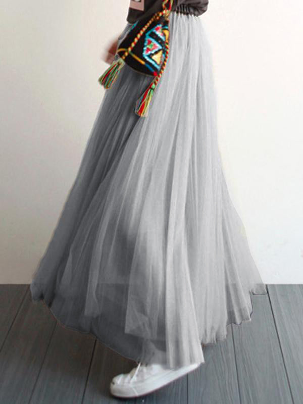 Mode Jupe Tutu Longue avec Tulle Plissé Taille Élastique Femme Gris