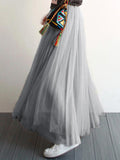 Mode Jupe Tutu Longue avec Tulle Plissé Taille Élastique Femme Gris