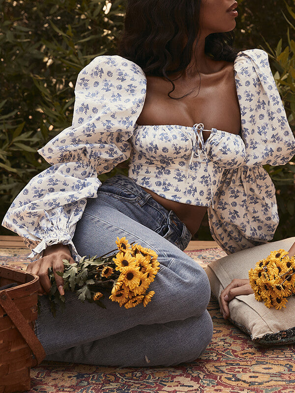 Airchics hauts imprimé à fleurie strappy col carré manches bouffantes femme mode