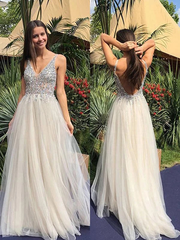 V-col Robes à Brillante Paillettes en Tulle Long de Mariée Dos Nu