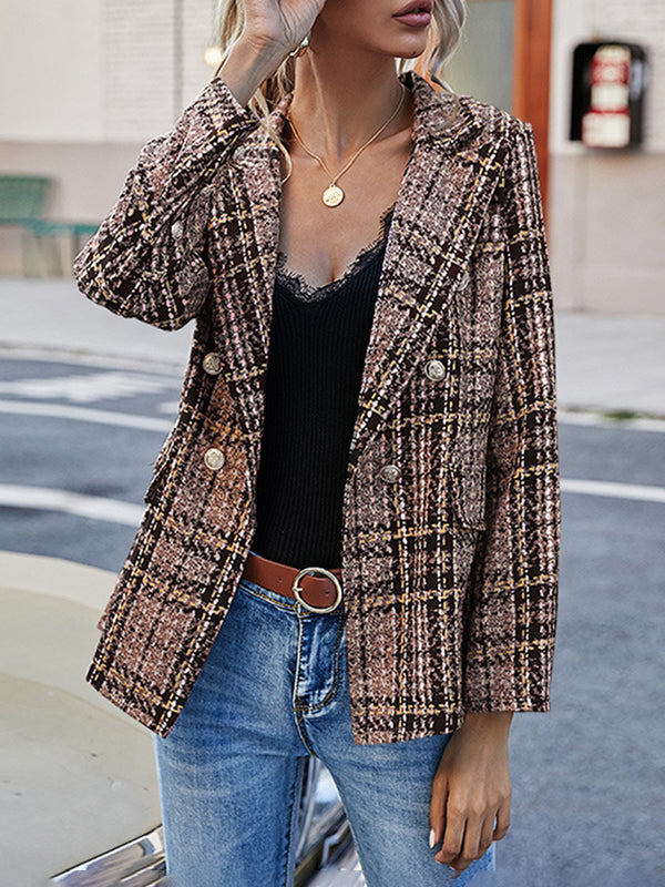 Airchics blazer carreaux double boutonnage poches col revers mode femme veste marron