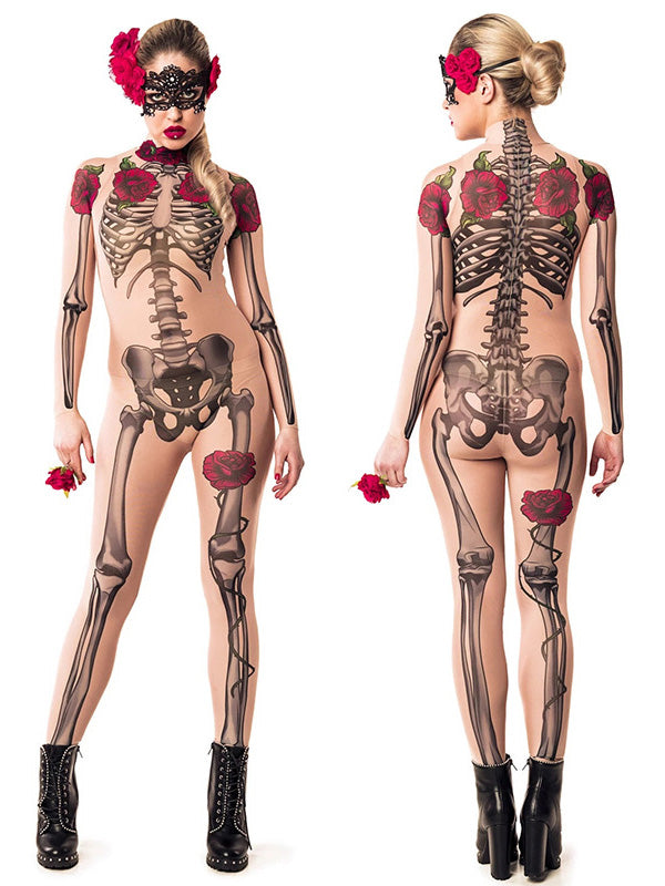 Airchics halloween combinaison deguisement squelette rose motif fitness femme body khaki