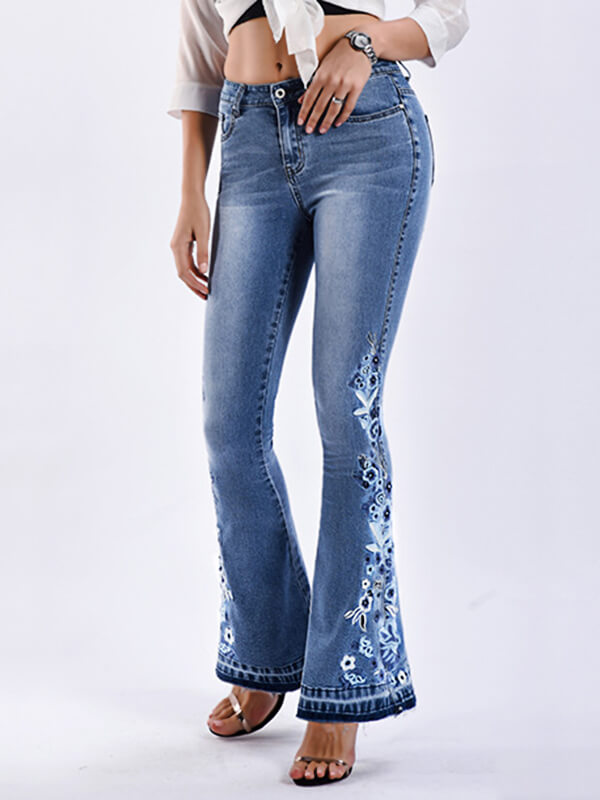 Airchics longue jeans flare évasé fleurie avec poches mi taille femme mode