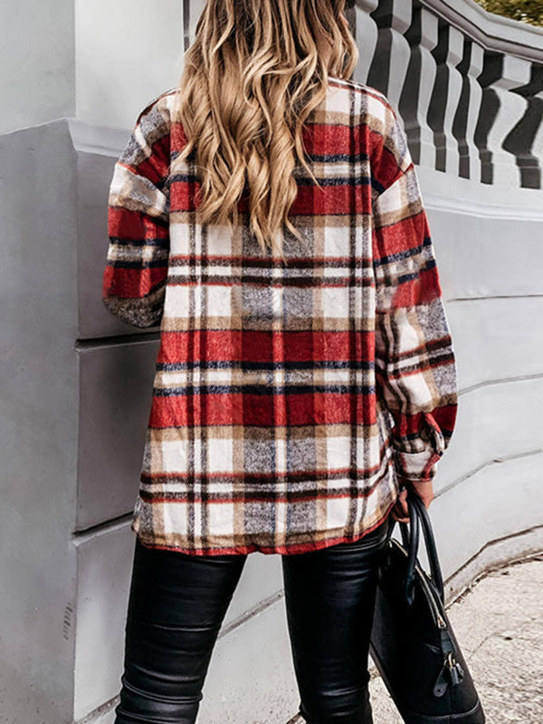 Mode Veste à Carreaux Classique pour Femmes avec Poches Surchemise