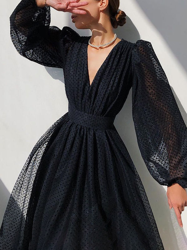 Élégant Robe à Pois V-cou Mi-longue de Soirée avec Manches Bouffantes