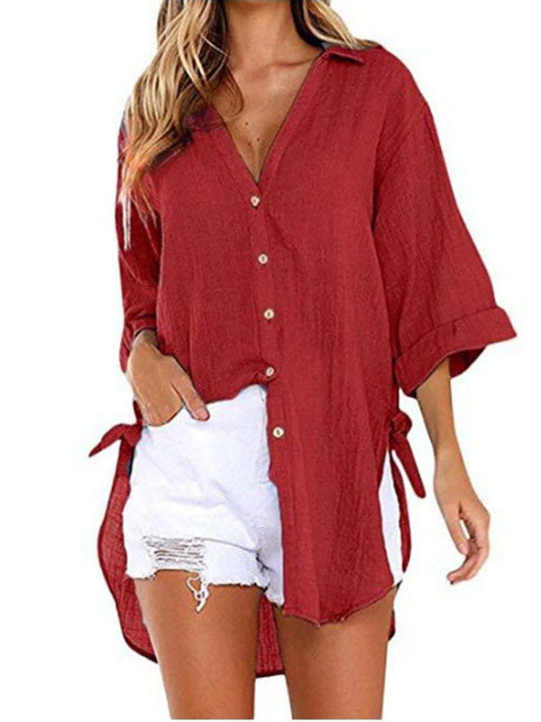 Airchics mi-longue blouse robe en lin coton boutonnage v-cou manches 3/4 femme casual chemisier